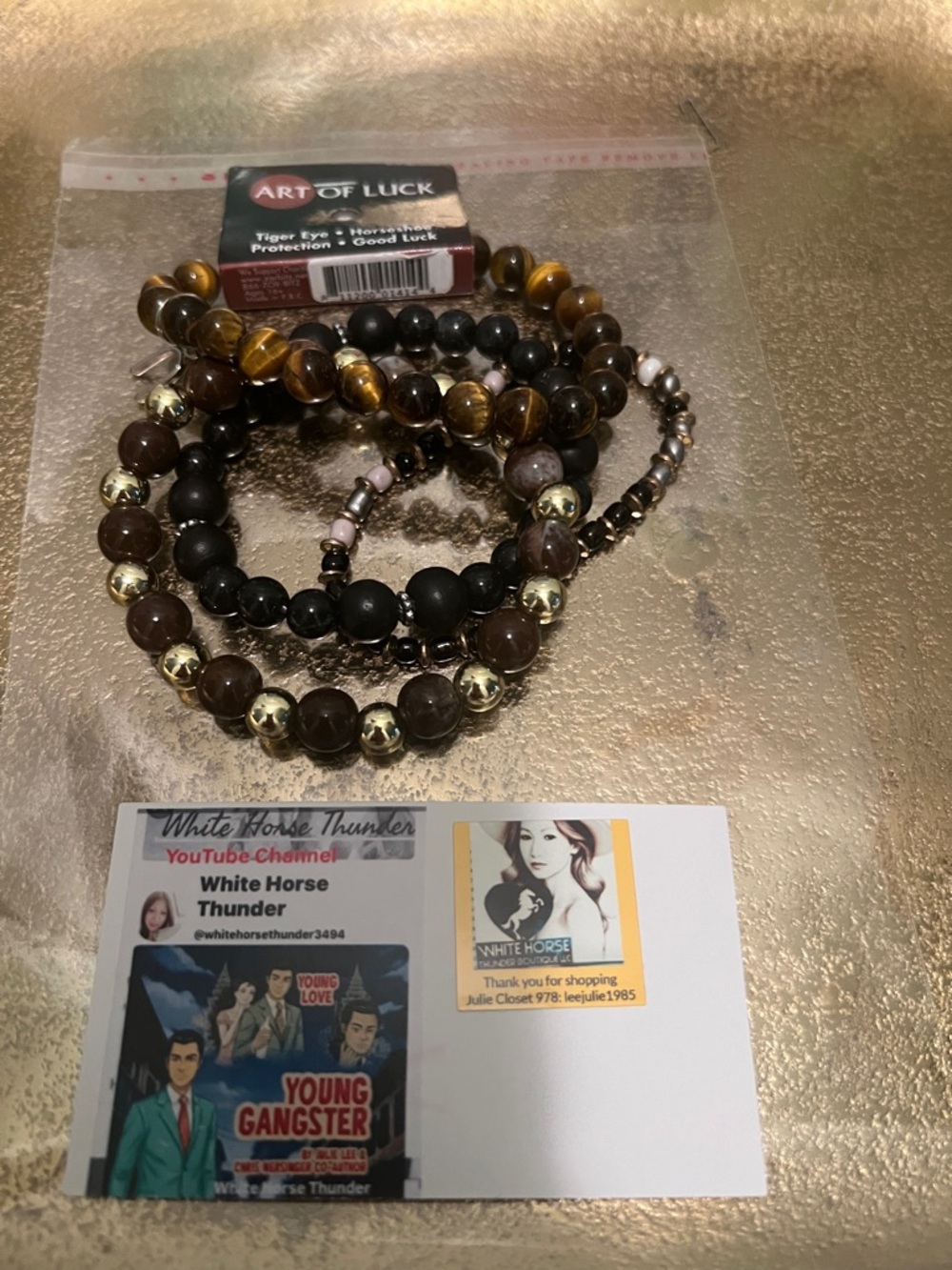 #1802**Unisex’s Art of Luck Tiger Eye Beaded Bracelet Stack - Brown & Black - Picture 1 of 12